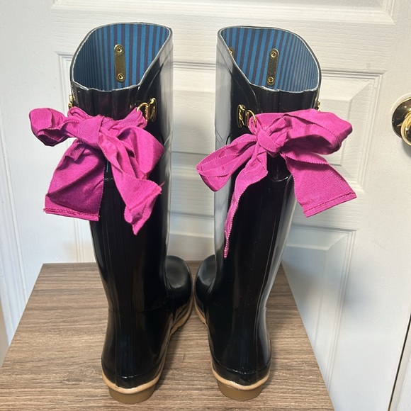 JOULES EVEDON BLACK RUBBER RAIN BOOTS TALL WITH PINK BACK RIBBON IN SIZE 7 - Picture 10 of 13